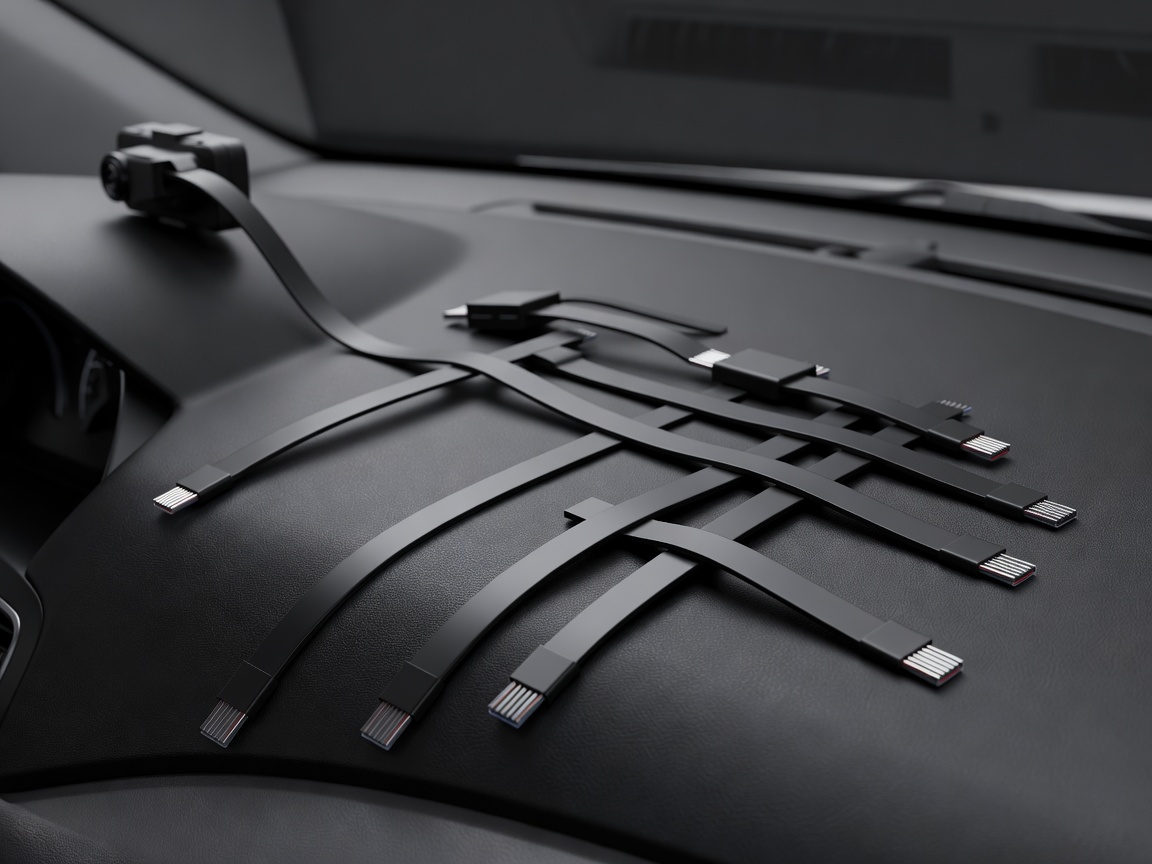 3D render of flat wiring cables used for dashcams